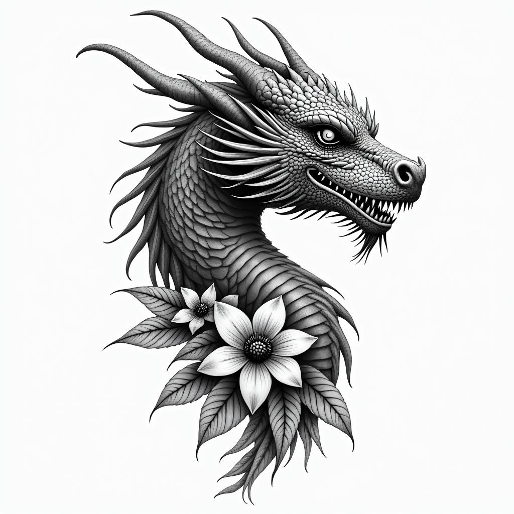 a game of thrones dragon and flowersin portrait tattoo style, featuring a highly realistic and detailed depiction - Variation 3