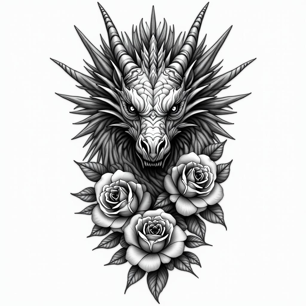 a game of thrones dragon and flowersin portrait tattoo style, featuring a highly realistic and detailed depiction - Variation 2