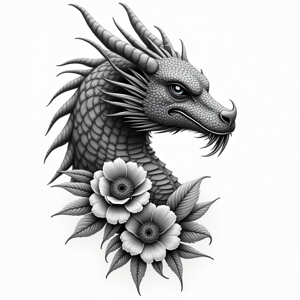 a game of thrones dragon and flowersin portrait tattoo style, featuring a highly realistic and detailed depiction