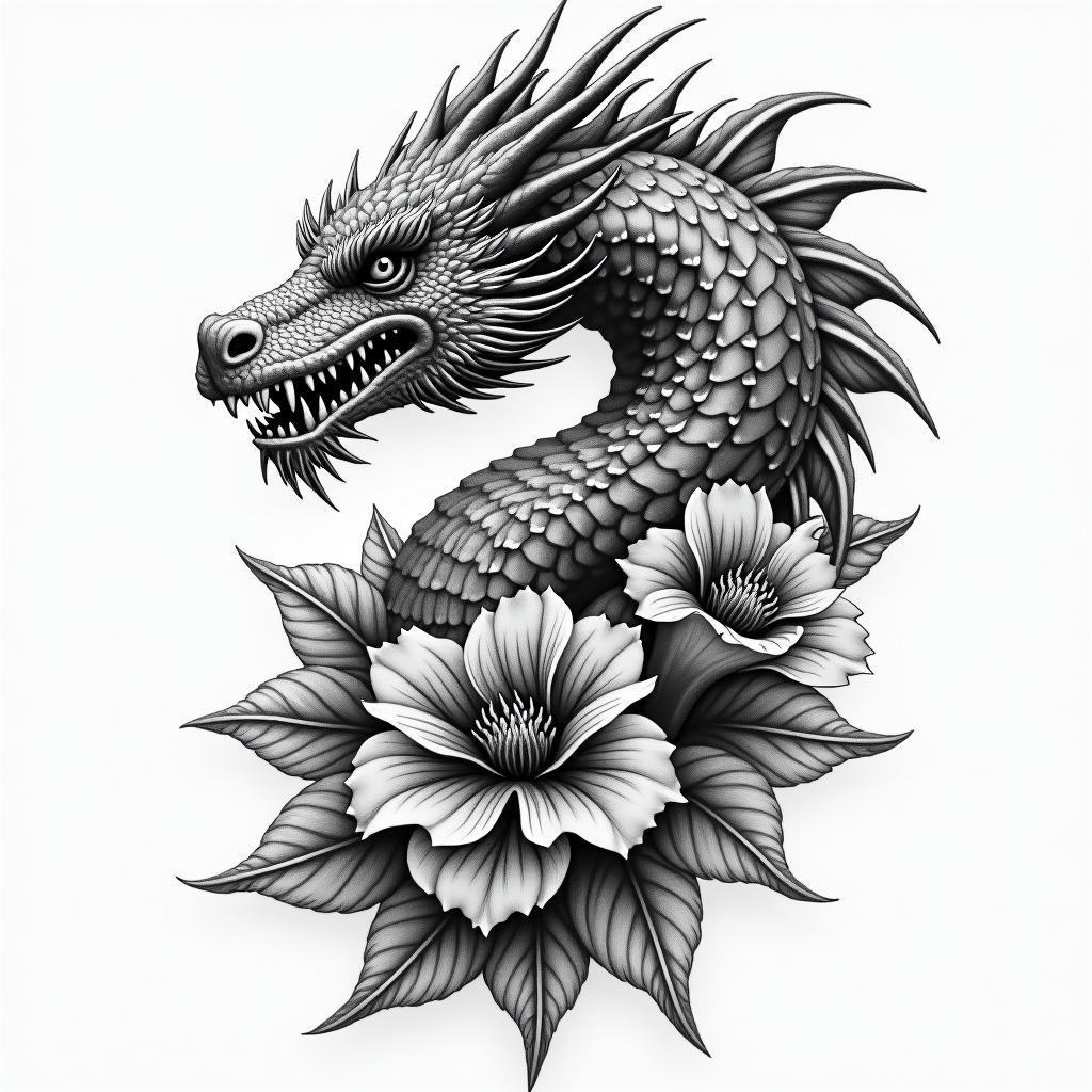 a game of thrones dragon and flowersin portrait tattoo style, featuring a highly realistic and detailed depiction - Variation 4