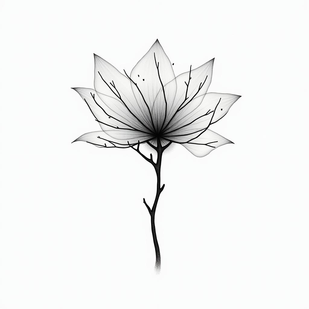 Dogwood tree music name JJ sunshinein minimalist style tattoo, featuring simple shapes and fine lines, with minimal shading and details, tiny triangles, creating a sense of balance and harmony - Variation 1