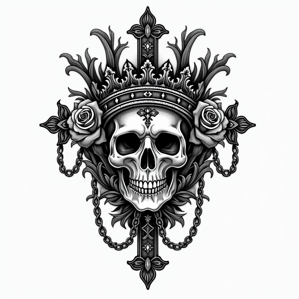 Hechylla cancer crownin chicano style tattoo, featuring intricate black and grey shading, bold elements of traditional chicano culture symbols, add a big cross with skull, chains and roses