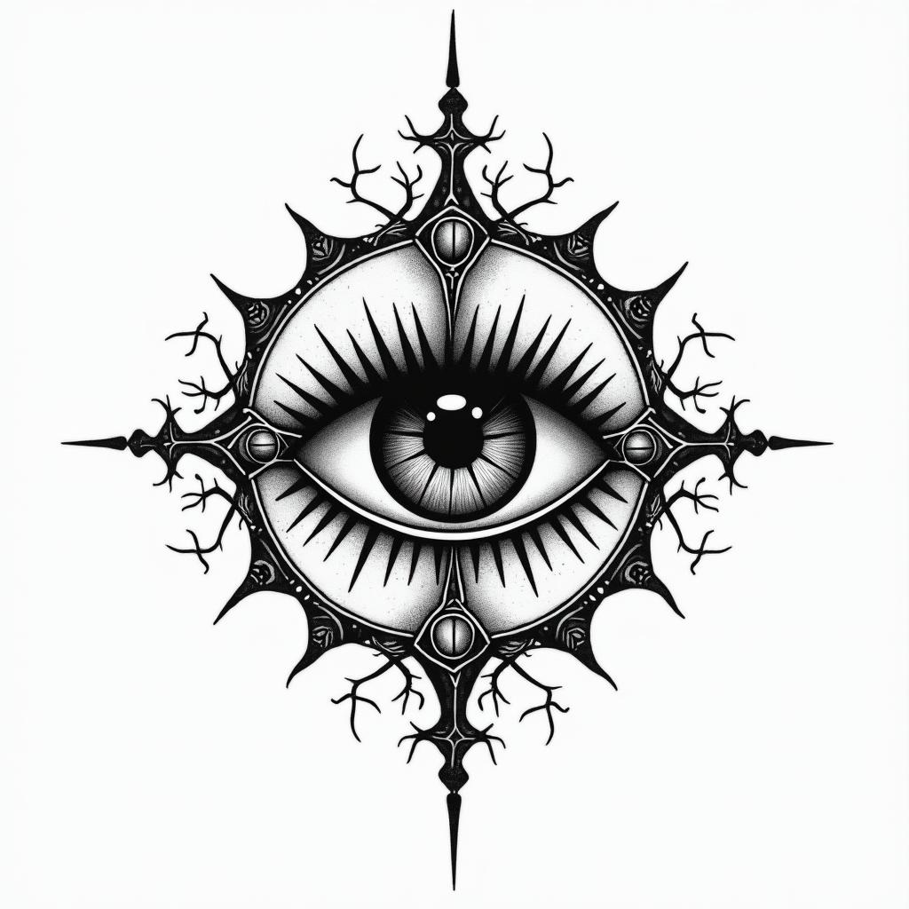 LOMRin prophecy tattoo style, featuring mystical symbols, celestial imagery like stars, moons, suns, geometric patterns, foretelling elements, an eye of wisdom - Variation 4