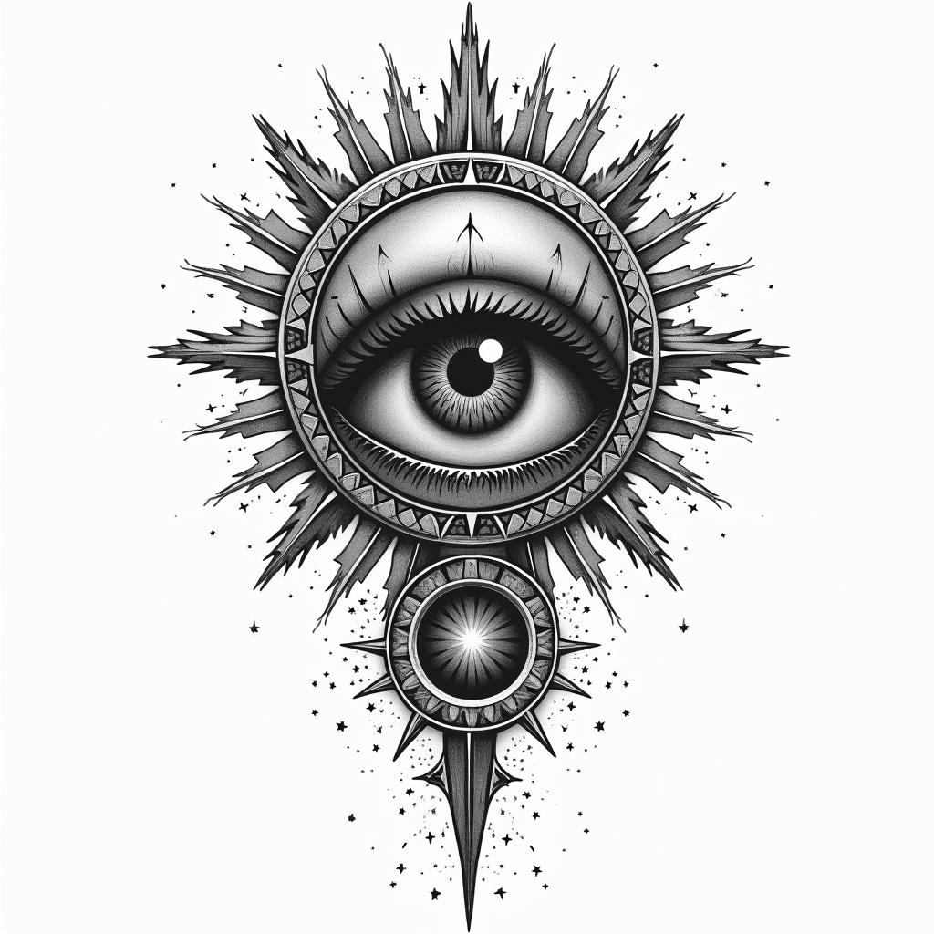 LOMRin prophecy tattoo style, featuring mystical symbols, celestial imagery like stars, moons, suns, geometric patterns, foretelling elements, an eye of wisdom - Variation 2