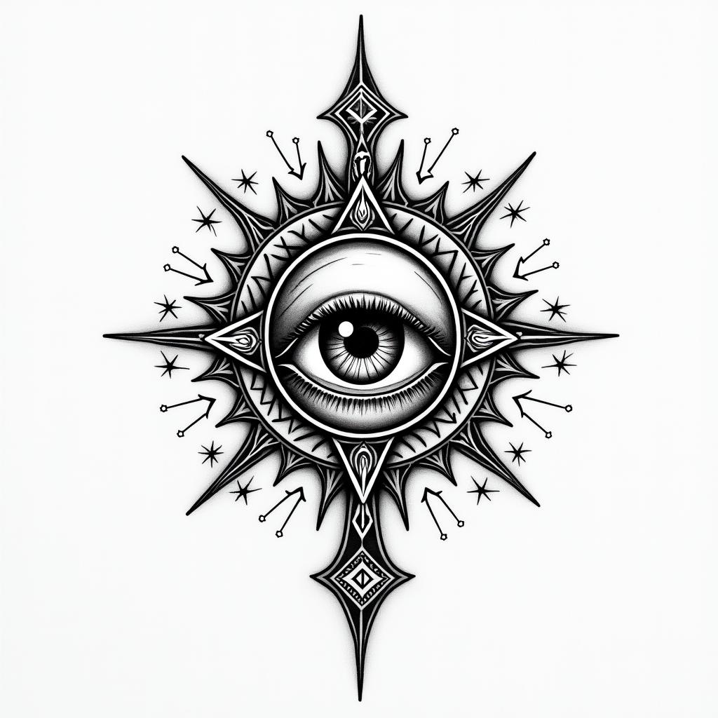 LOMRin prophecy tattoo style, featuring mystical symbols, celestial imagery like stars, moons, suns, geometric patterns, foretelling elements, an eye of wisdom - Variation 3