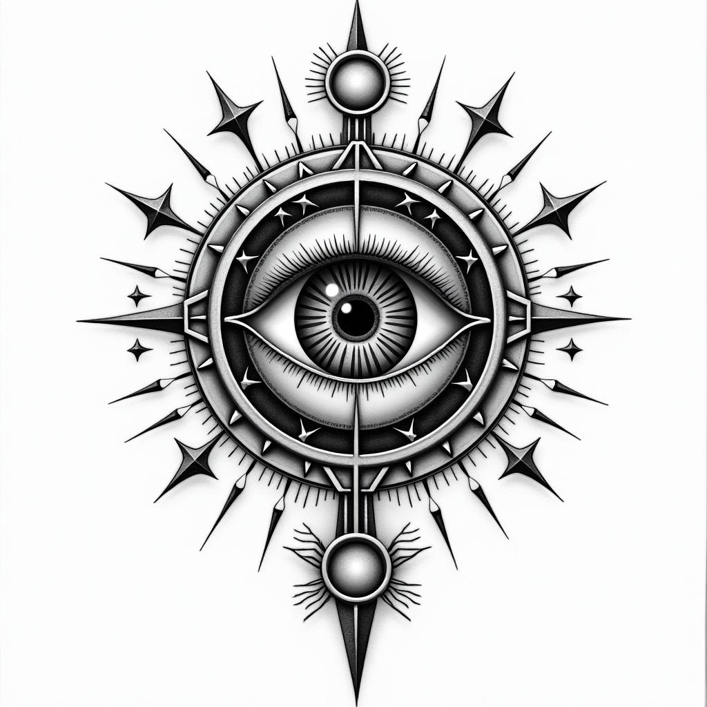 LOMRin prophecy tattoo style, featuring mystical symbols, celestial imagery like stars, moons, suns, geometric patterns, foretelling elements, an eye of wisdom