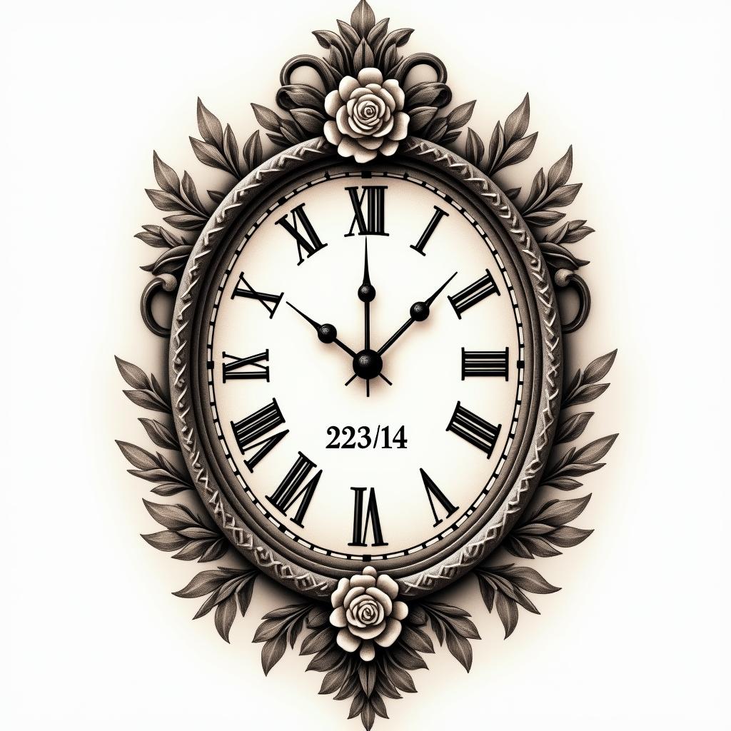 Antique mirror clock with date 12/23/14 and portalin victorian style tattoo, featuring vintage and elegant elements, ornate frames, roses, antique, sepia-toned color scheme - Variation 4