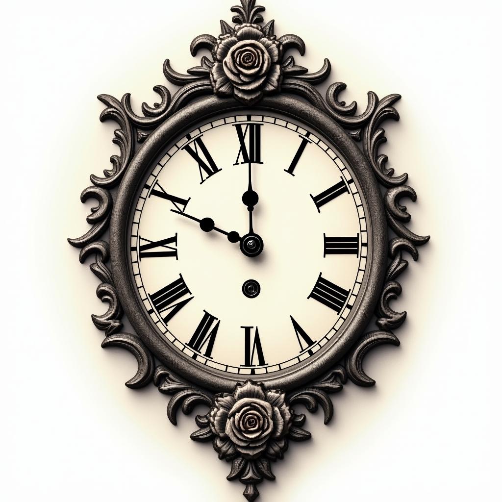 Antique mirror clock with date 12/23/14 and portalin victorian style tattoo, featuring vintage and elegant elements, ornate frames, roses, antique, sepia-toned color scheme