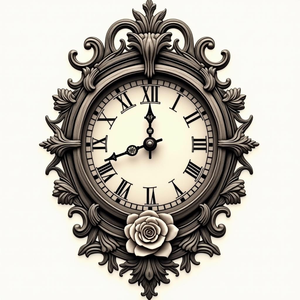 Antique mirror clock with date 12/23/14 and portalin victorian style tattoo, featuring vintage and elegant elements, ornate frames, roses, antique, sepia-toned color scheme - Variation 3