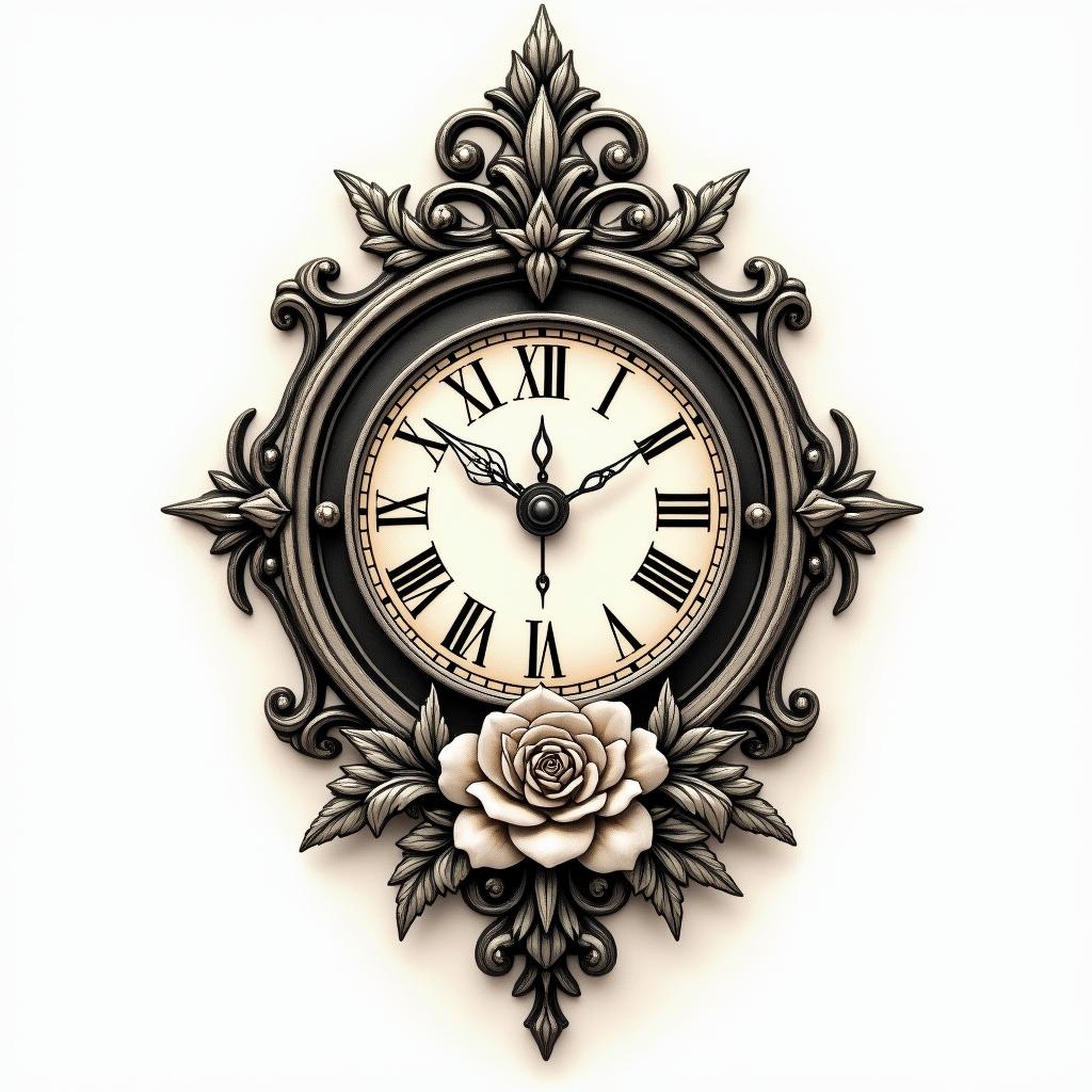 Antique mirror clock with date 12/23/14 and portalin victorian style tattoo, featuring vintage and elegant elements, ornate frames, roses, antique, sepia-toned color scheme - Variation 2