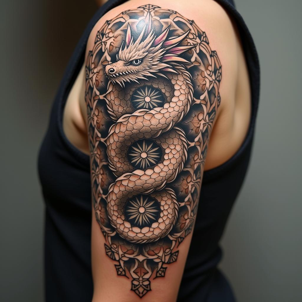 i would like a tatto oriental with a dragon for my arm in geometric style tattoo, blending hexagons, mandala-inspired patterns, symmetrical and fractal design, clean lines, sharp angles