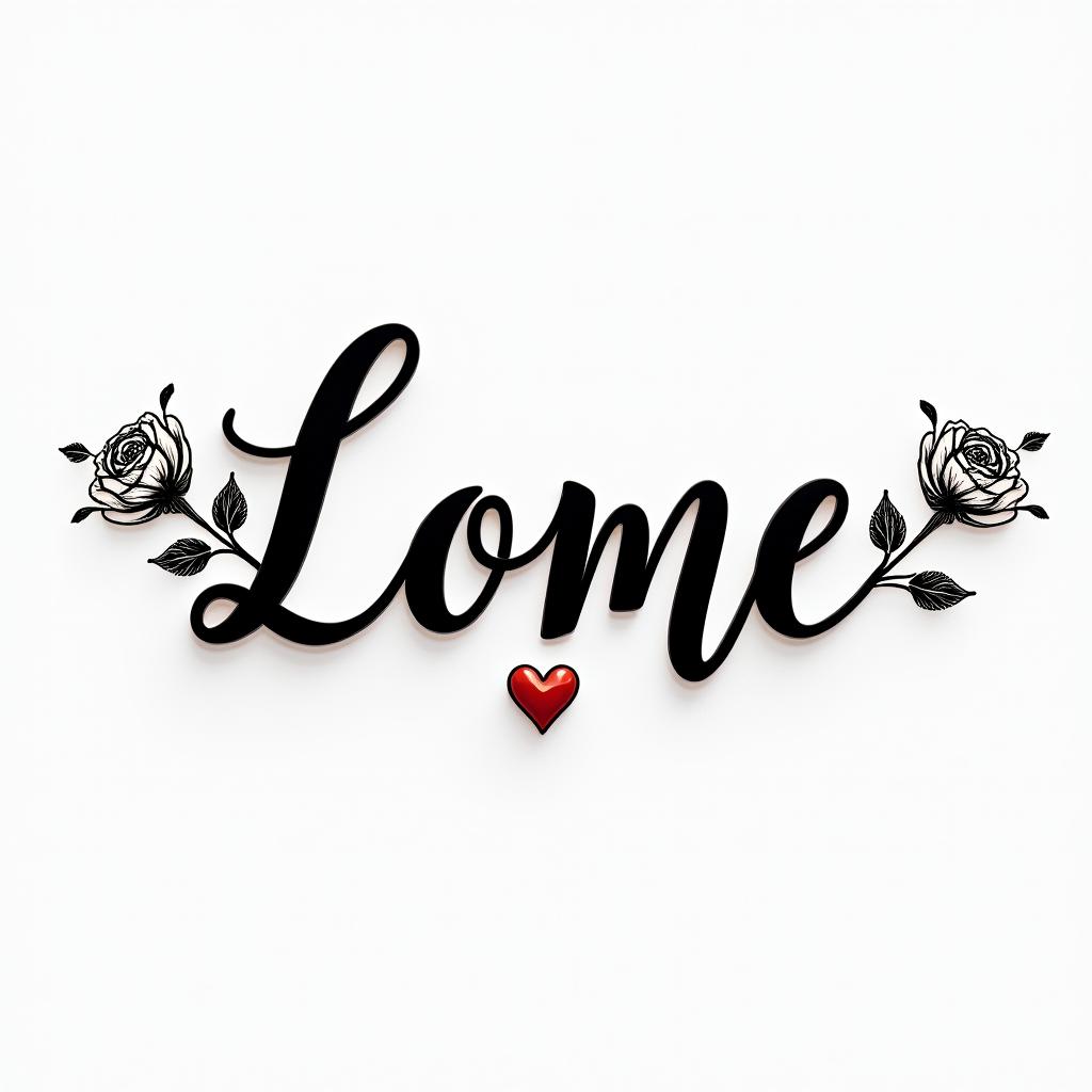 LOMRin elegant cursive calligraphy style 2d tattoo, decorate with roses, featuring a smooth and flowing handwritten script with slightly thickened strokes for a luxurious and bold appearance, heart symbol between names, sleek and glossy black text with shadowing, minimalist matte white background, clean and sharp edges, illuminated with soft lighting, romantic, 8k, high-quality textures with refined typography - Variation 1