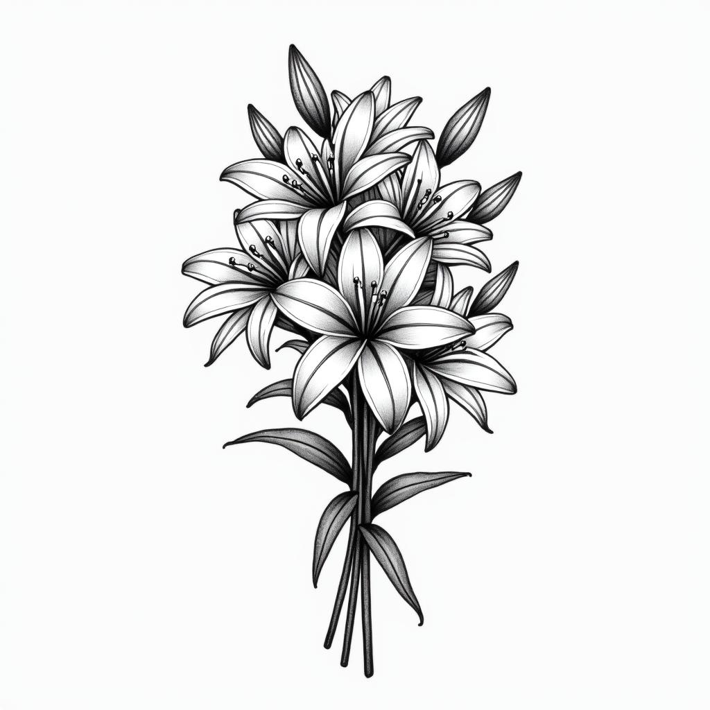 Whimsical tattoo design featuring multiple Lilly flowers bunched together, with clear text reading "dancing queen" and "Nan," along with the number 44, reflecting happy memories.higly detailed tattoo - Variation 2