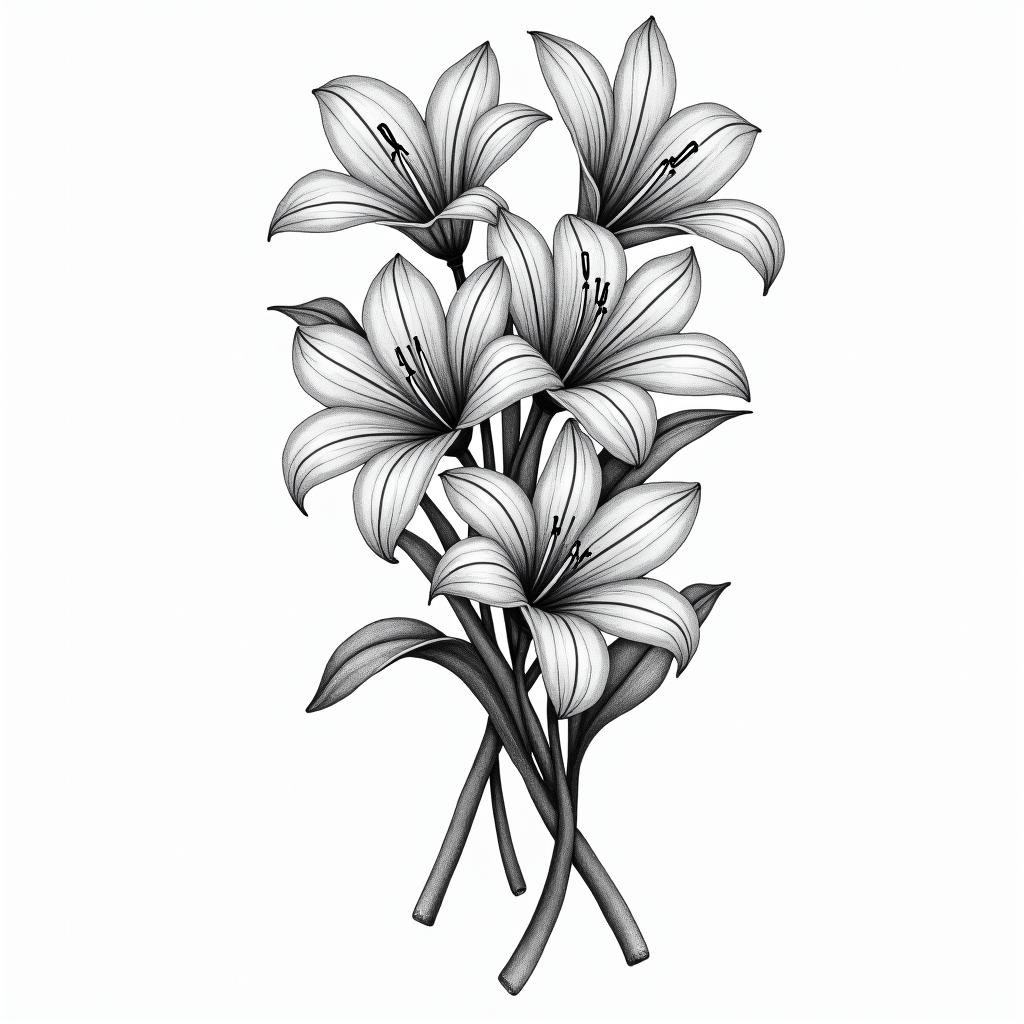 Whimsical tattoo design featuring multiple Lilly flowers bunched together, with clear text reading "dancing queen" and "Nan," along with the number 44, reflecting happy memories.higly detailed tattoo - Variation 3