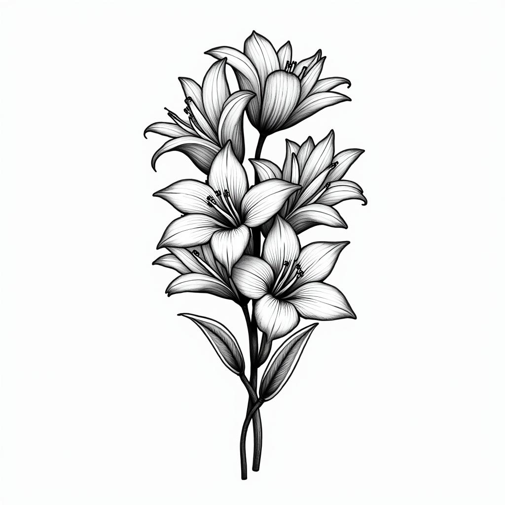 Whimsical tattoo design featuring multiple Lilly flowers bunched together, with clear text reading "dancing queen" and "Nan," along with the number 44, reflecting happy memories.higly detailed tattoo