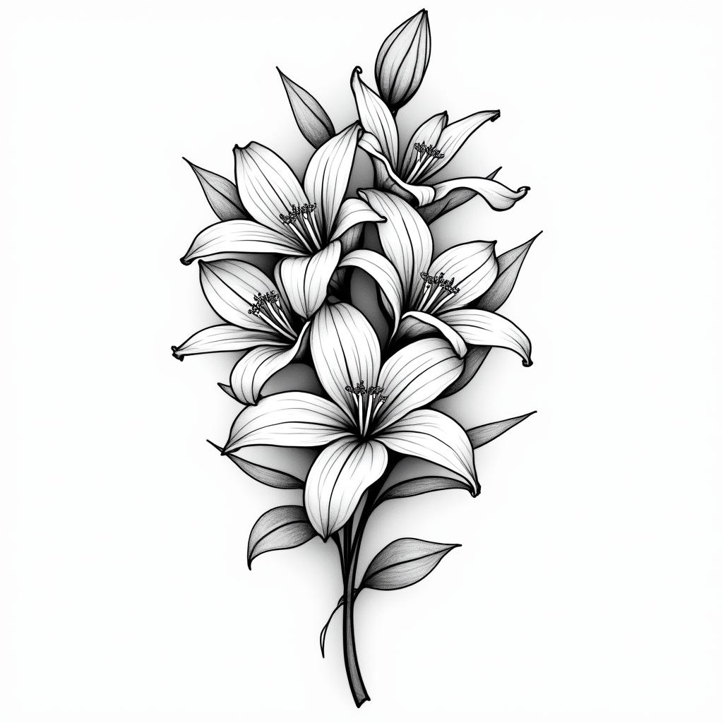 Whimsical tattoo design featuring multiple Lilly flowers bunched together, with clear text reading "dancing queen" and "Nan," along with the number 44, reflecting happy memories.higly detailed tattoo - Variation 4