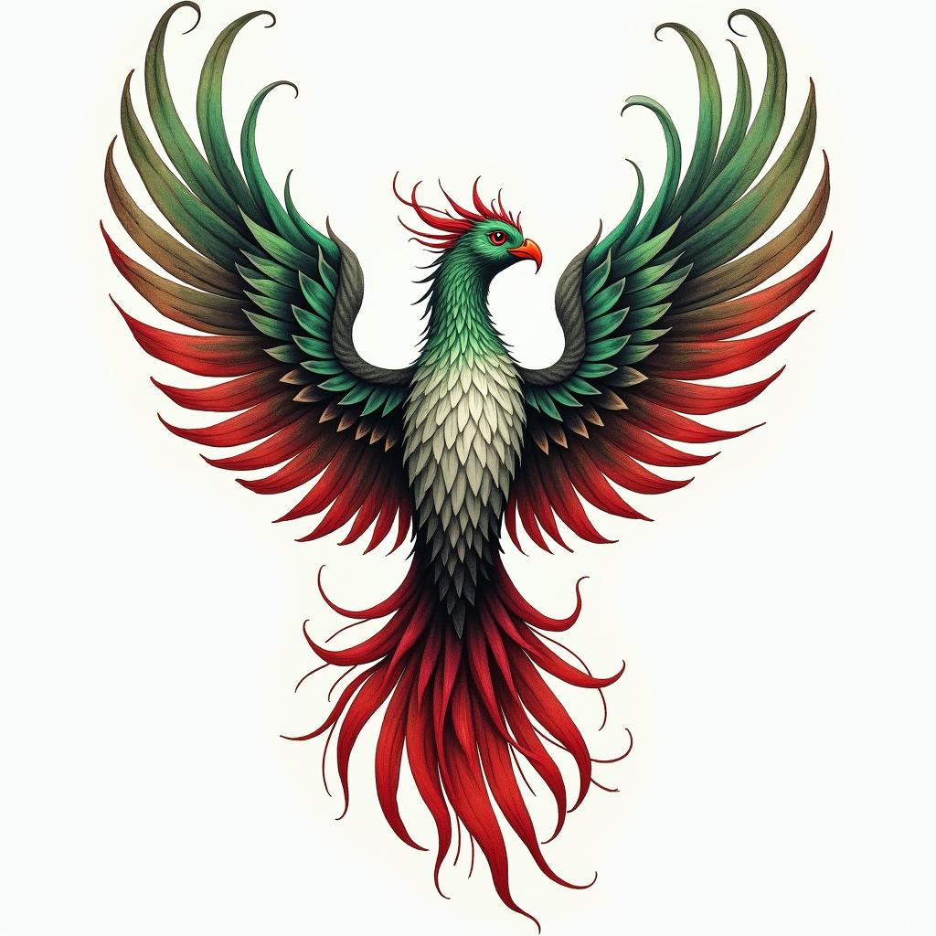 A vibrant phoenix rising from the ashes, symbolizing resilience and rebirth, incorporating shades of green representing growth, red for strength, and white for purity. The tattoo features the following text: "In your sin I have found love, in your love I have found faith, in your faith I have found forgiveness." The overall design captures a sense of transformation and respect, embodying the wearer's journey and strength.higly detailed tattoo - Variation 3