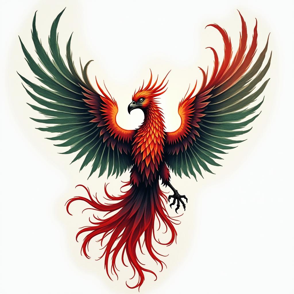A vibrant phoenix rising from the ashes, symbolizing resilience and rebirth, incorporating shades of green representing growth, red for strength, and white for purity. The tattoo features the following text: "In your sin I have found love, in your love I have found faith, in your faith I have found forgiveness." The overall design captures a sense of transformation and respect, embodying the wearer's journey and strength.higly detailed tattoo
