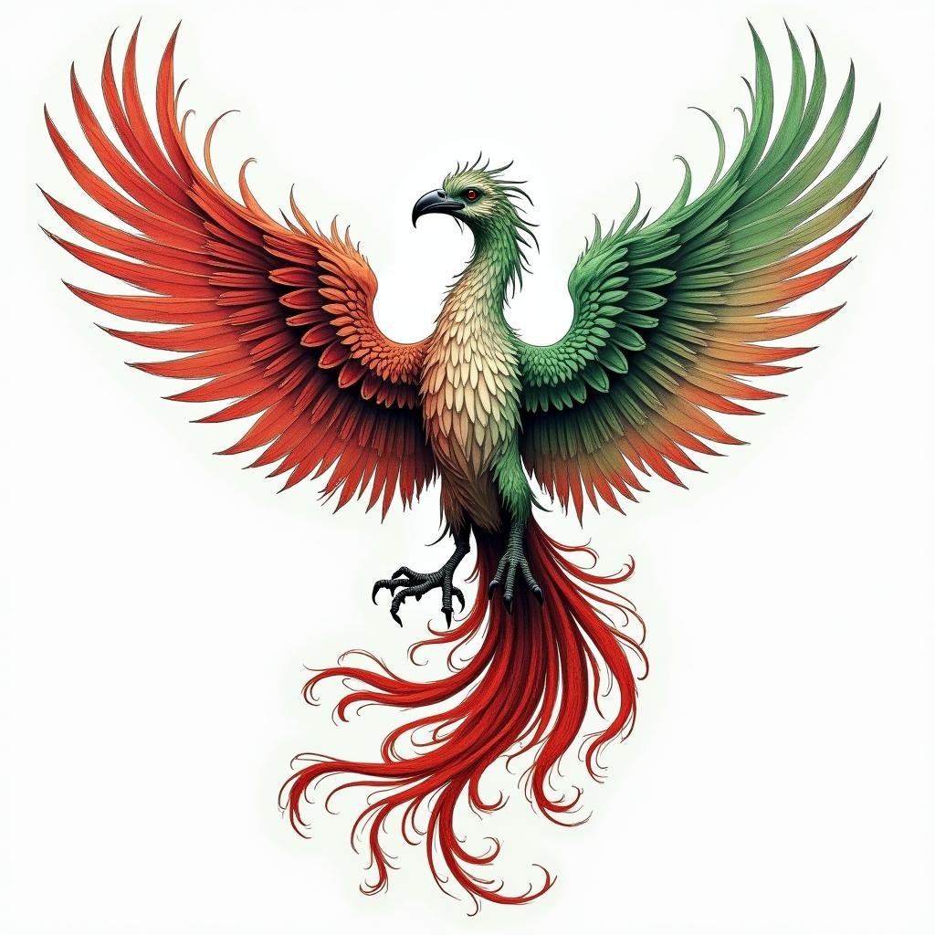 A vibrant phoenix rising from the ashes, symbolizing resilience and rebirth, incorporating shades of green representing growth, red for strength, and white for purity. The tattoo features the following text: "In your sin I have found love, in your love I have found faith, in your faith I have found forgiveness." The overall design captures a sense of transformation and respect, embodying the wearer's journey and strength.higly detailed tattoo - Variation 2