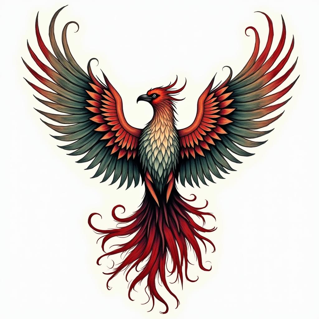 A vibrant phoenix rising from the ashes, symbolizing resilience and rebirth, incorporating shades of green representing growth, red for strength, and white for purity. The tattoo features the following text: "In your sin I have found love, in your love I have found faith, in your faith I have found forgiveness." The overall design captures a sense of transformation and respect, embodying the wearer's journey and strength.higly detailed tattoo - Variation 4