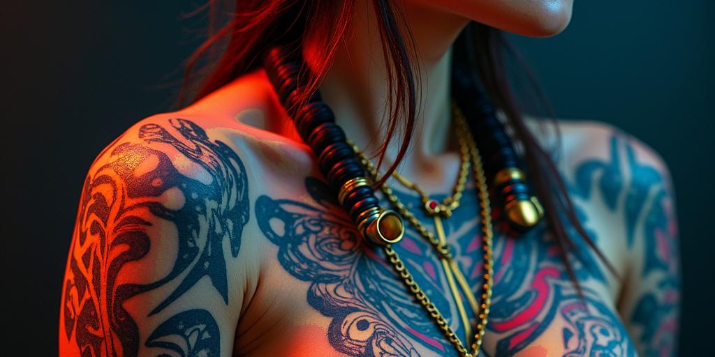 Futuristic cyberpunk girl with neon accentsin egyptian style tattoo, bold elements of ancient egyptian culture including a portrait of an Egyptian pharaoh with detailed facial features, in hieroglyphs and symbolic imagery, eye of horus, ankh symbol, scarab beetle - Variation 5