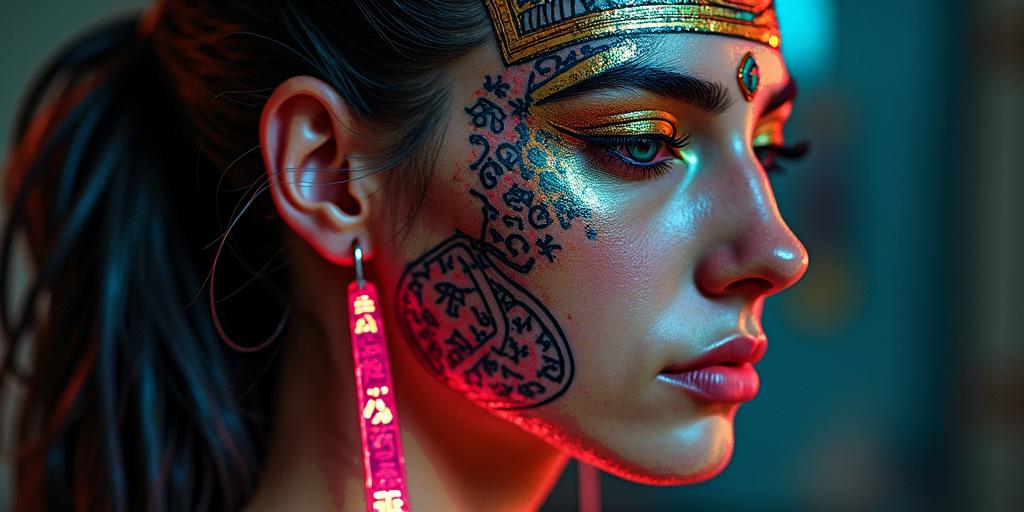 Futuristic cyberpunk girl with neon accentsin egyptian style tattoo, bold elements of ancient egyptian culture including a portrait of an Egyptian pharaoh with detailed facial features, in hieroglyphs and symbolic imagery, eye of horus, ankh symbol, scarab beetle - Variation 6