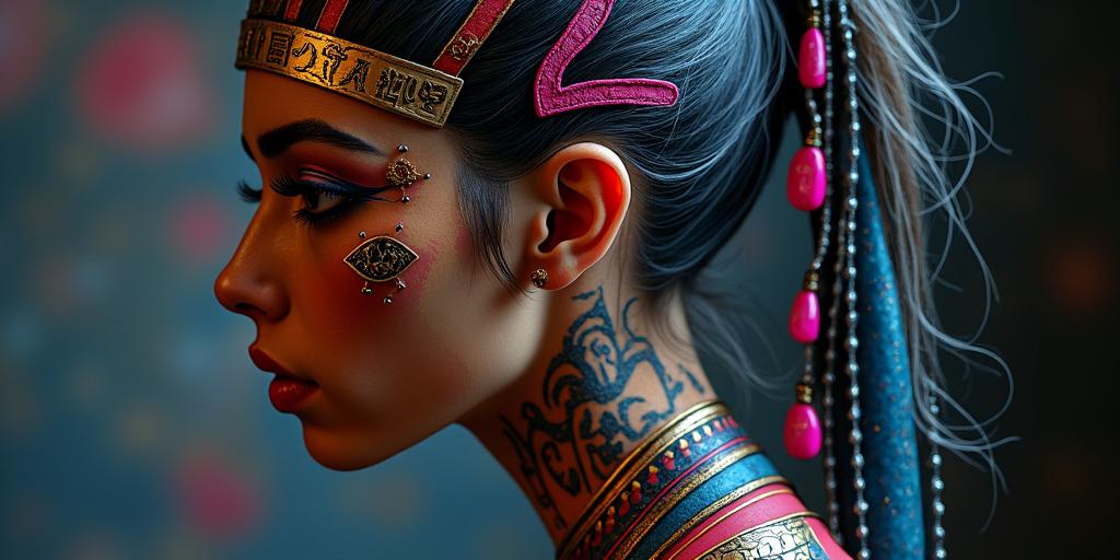 Futuristic cyberpunk girl with neon accentsin egyptian style tattoo, bold elements of ancient egyptian culture including a portrait of an Egyptian pharaoh with detailed facial features, in hieroglyphs and symbolic imagery, eye of horus, ankh symbol, scarab beetle - Variation 7