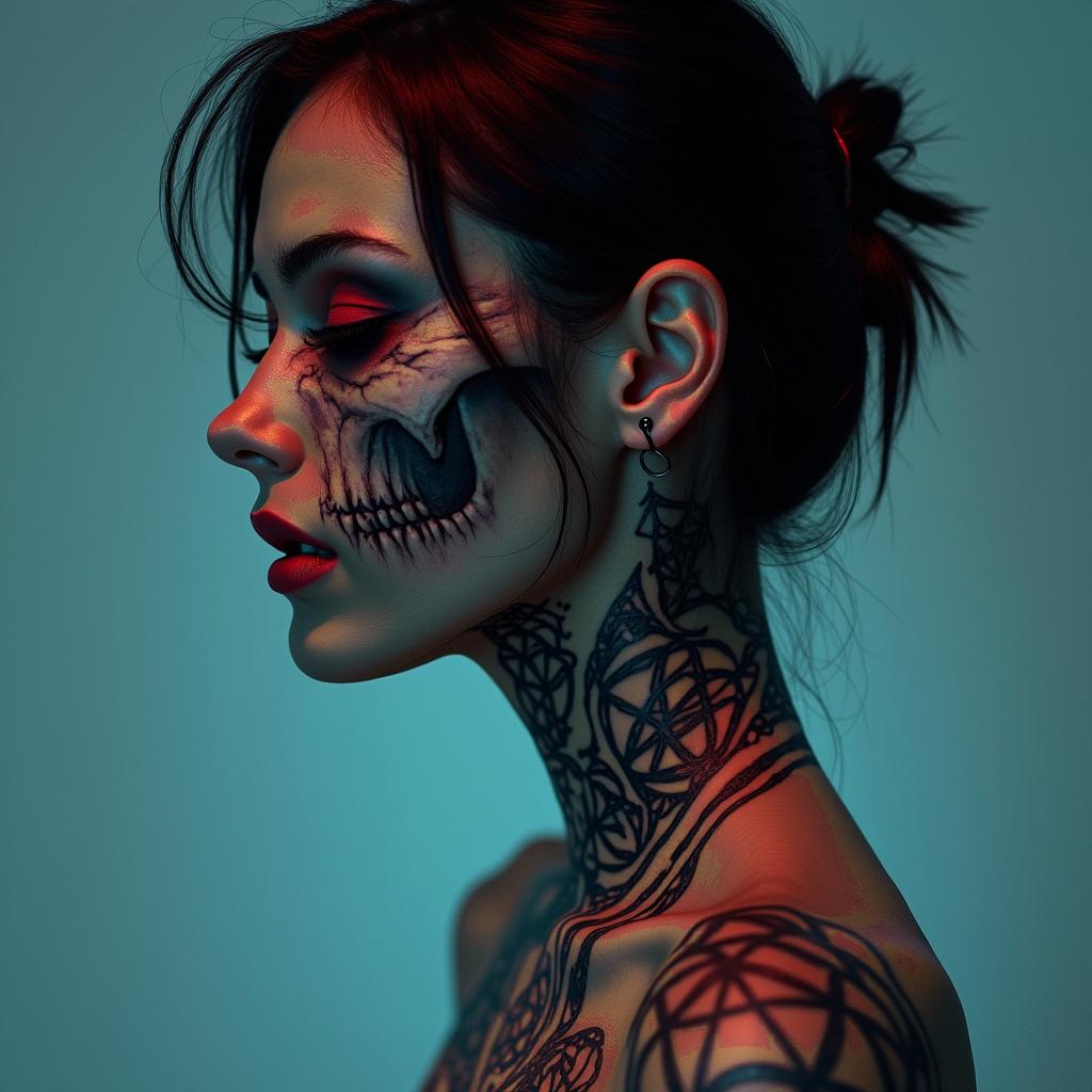 Futuristic cyberpunk girl with neon accentscreepy horror tattoo style, featuring an eerie and unsettling skull of a demonic creature, distorted face with sharp fangs, add pentagram symbol - Variation 6