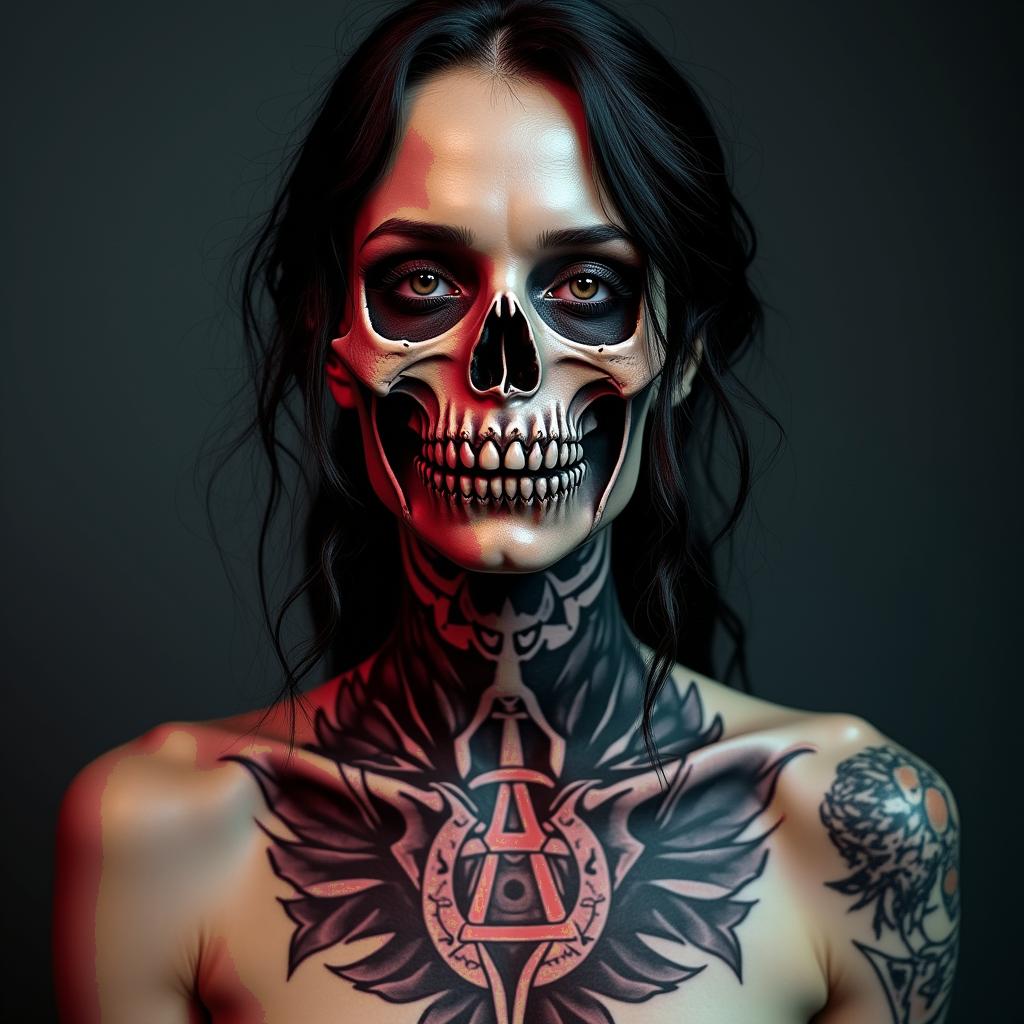 Futuristic cyberpunk girl with neon accentscreepy horror tattoo style, featuring an eerie and unsettling skull of a demonic creature, distorted face with sharp fangs, add pentagram symbol - Variation 7