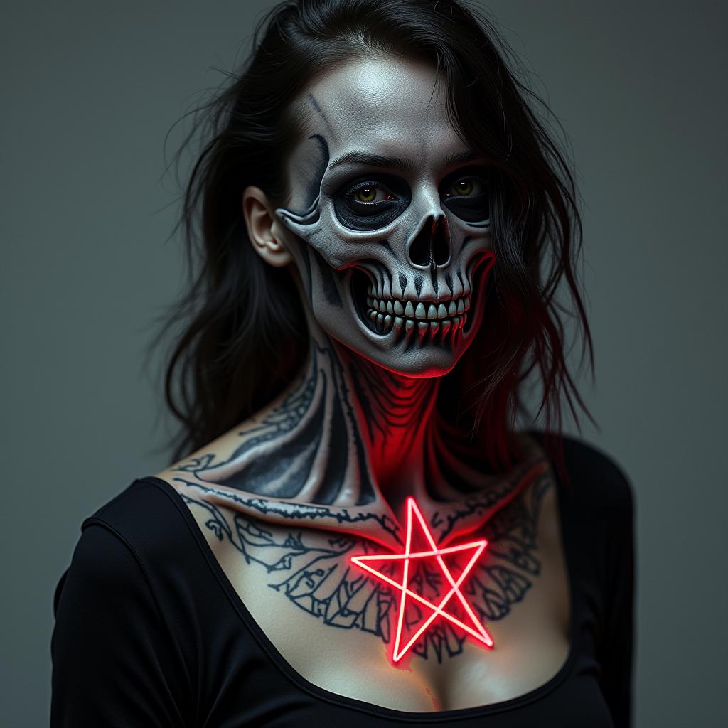 Futuristic cyberpunk girl with neon accentscreepy horror tattoo style, featuring an eerie and unsettling skull of a demonic creature, distorted face with sharp fangs, add pentagram symbol - Variation 5