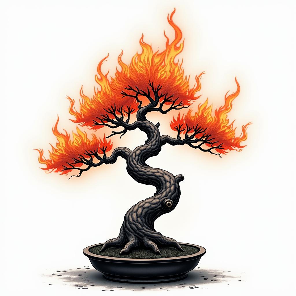 Bonsai treein flame tattoo style showcasing fiery elements with dynamic flame patterns, glowing effect of flames, natural colors - Variation 3
