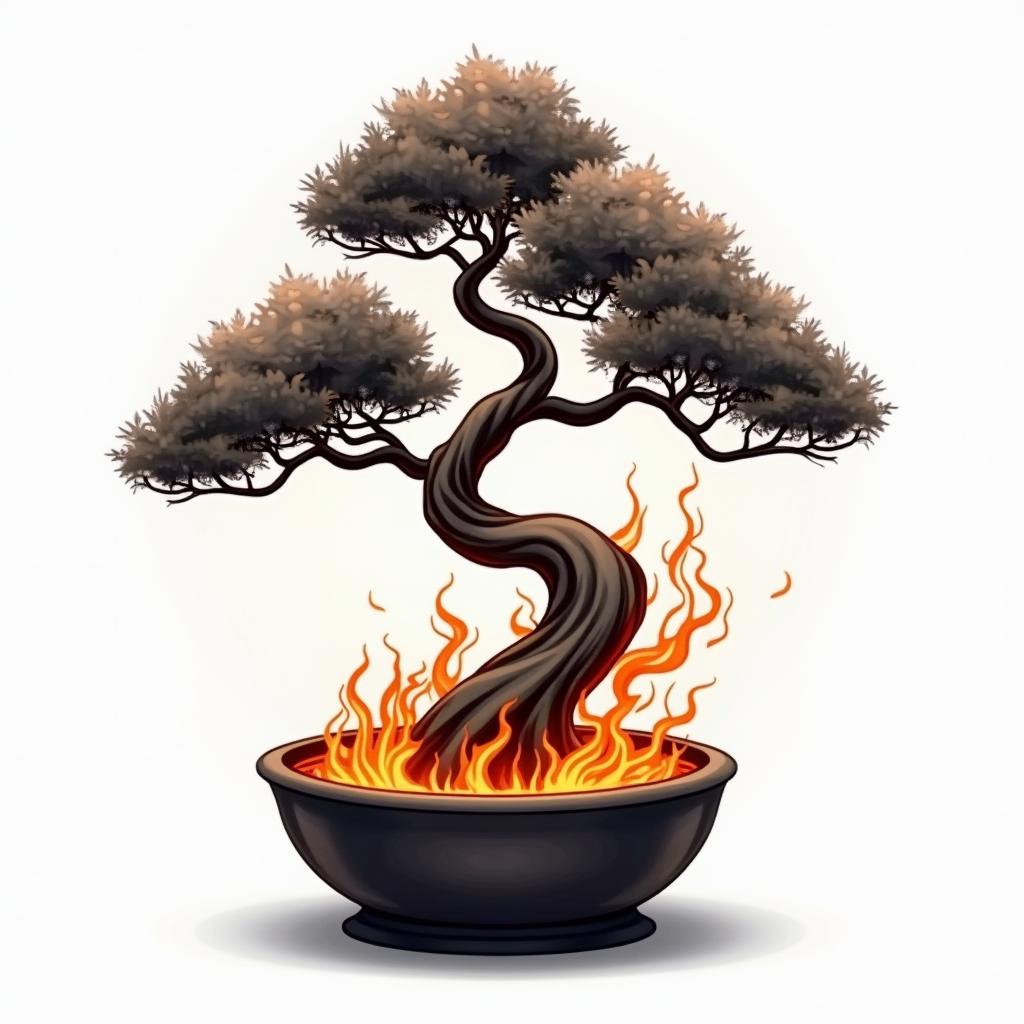 Bonsai treein flame tattoo style showcasing fiery elements with dynamic flame patterns, glowing effect of flames, natural colors