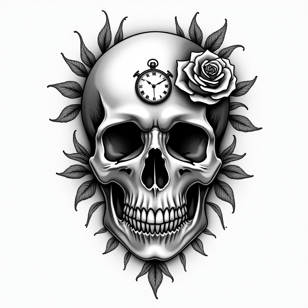 Skull with roses and clock elementstext-based tattoo, gothic font ultra-realistic, perfectly placed, high-quality font design, photo-realistic shading, 8k, high quality, finely detailed typography - Variation 3