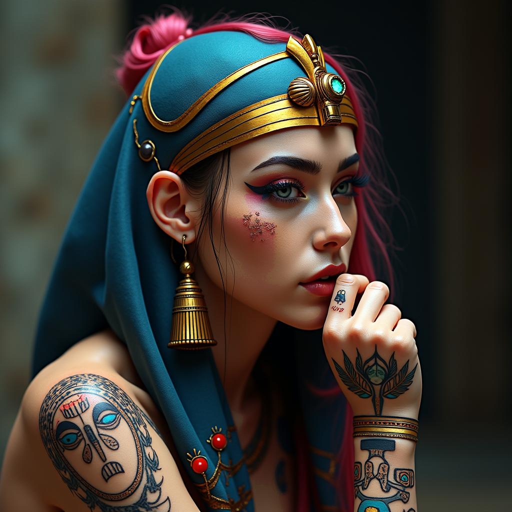 Futuristic cyberpunk girl with neon accentsin egyptian style tattoo, bold elements of ancient egyptian culture including a portrait of an Egyptian pharaoh with detailed facial features, in hieroglyphs and symbolic imagery, eye of horus, ankh symbol, scarab beetle - Variation 3