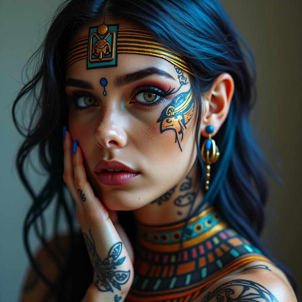 Futuristic cyberpunk girl with neon accentsin egyptian style tattoo, bold elements of ancient egyptian culture including a portrait of an Egyptian pharaoh with detailed facial features, in hieroglyphs and symbolic imagery, eye of horus, ankh symbol, scarab beetle - Variation 2