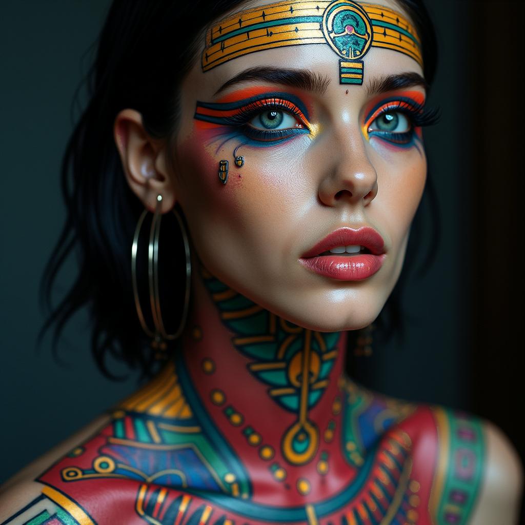 Futuristic cyberpunk girl with neon accentsin egyptian style tattoo, bold elements of ancient egyptian culture including a portrait of an Egyptian pharaoh with detailed facial features, in hieroglyphs and symbolic imagery, eye of horus, ankh symbol, scarab beetle