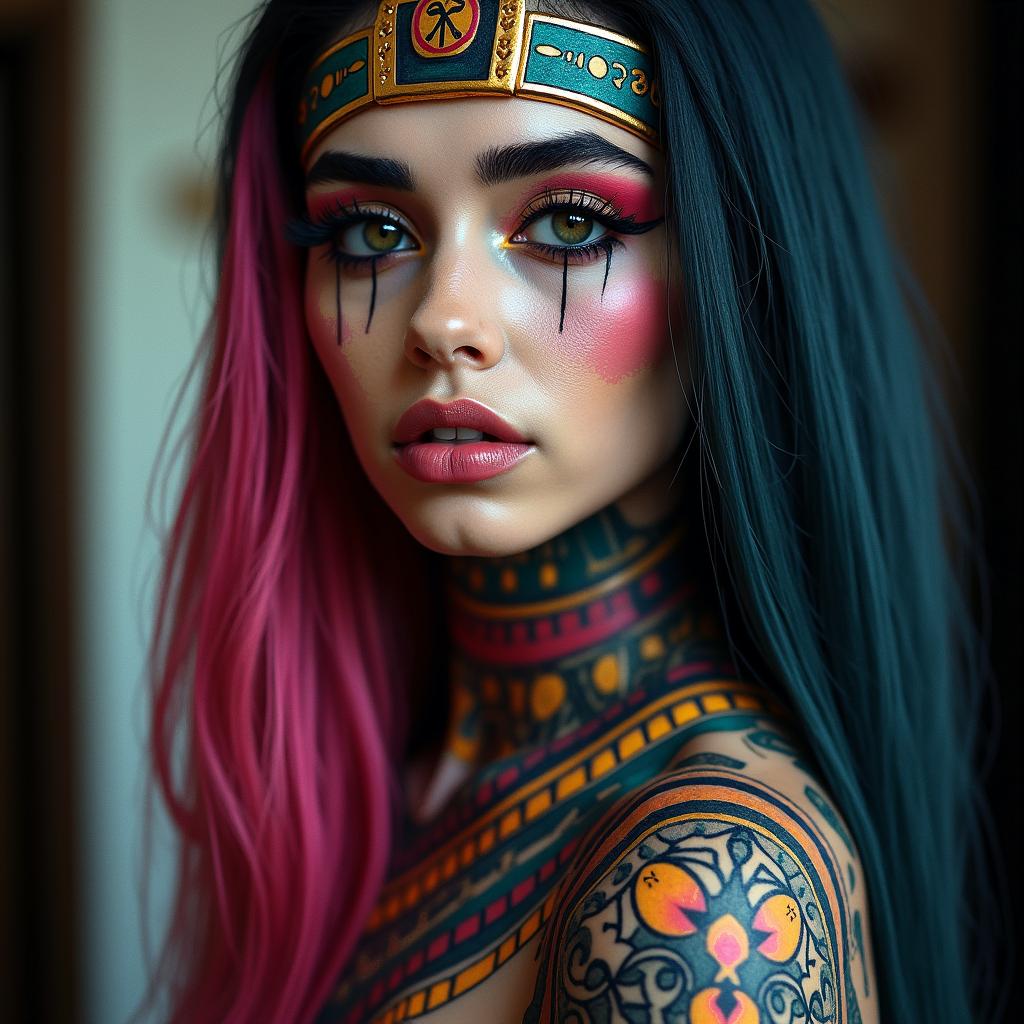 Futuristic cyberpunk girl with neon accentsin egyptian style tattoo, bold elements of ancient egyptian culture including a portrait of an Egyptian pharaoh with detailed facial features, in hieroglyphs and symbolic imagery, eye of horus, ankh symbol, scarab beetle - Variation 4