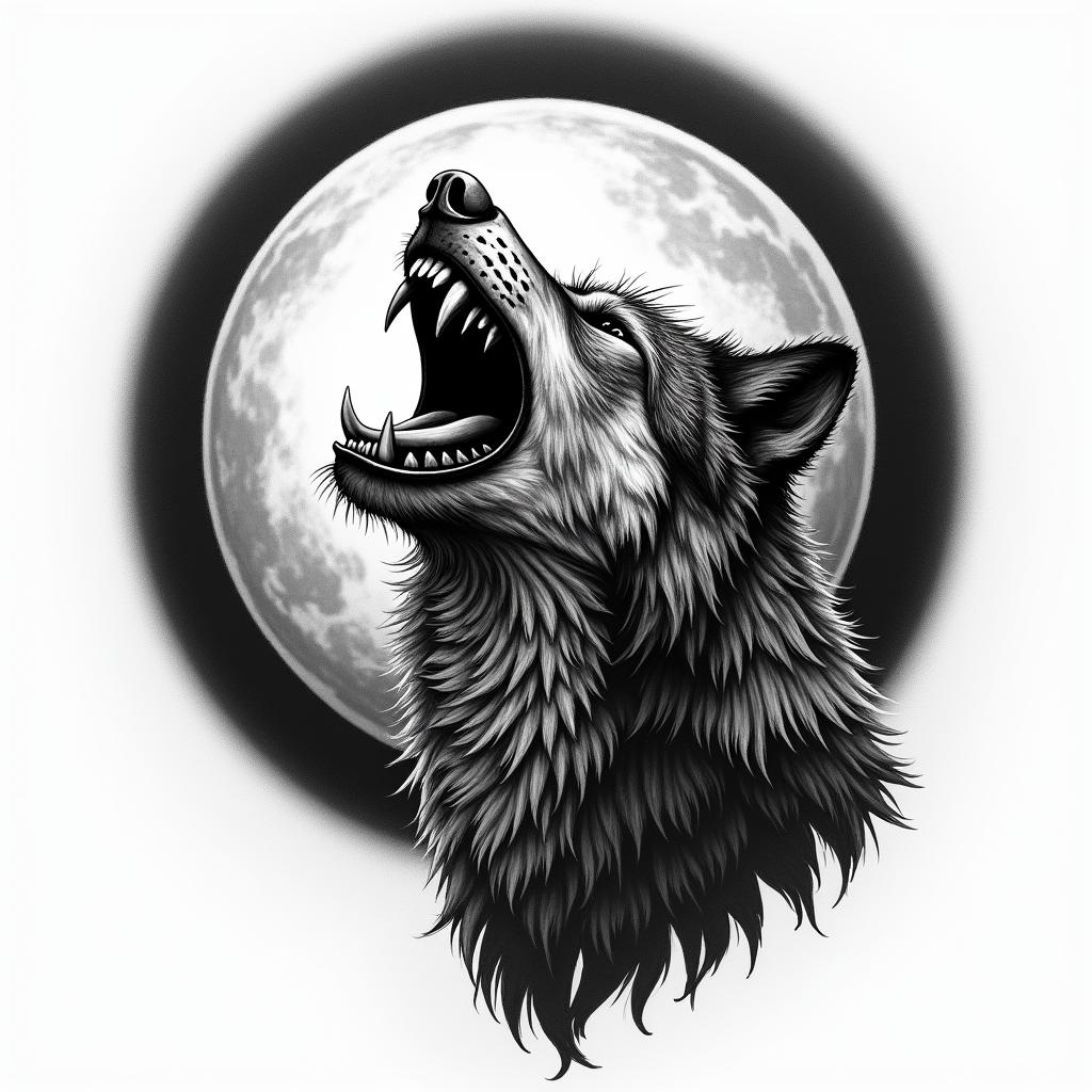 Howling wolf under a full moon in horror tattoo style, showcasing haunting and unsettling, dark and gritty textures with skulls, eerie faces, jgged designs, bold and intense shading - Variation 4