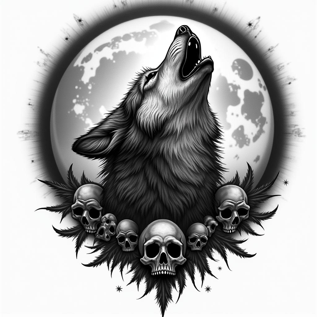 Howling wolf under a full moon in horror tattoo style, showcasing haunting and unsettling, dark and gritty textures with skulls, eerie faces, jgged designs, bold and intense shading - Variation 3