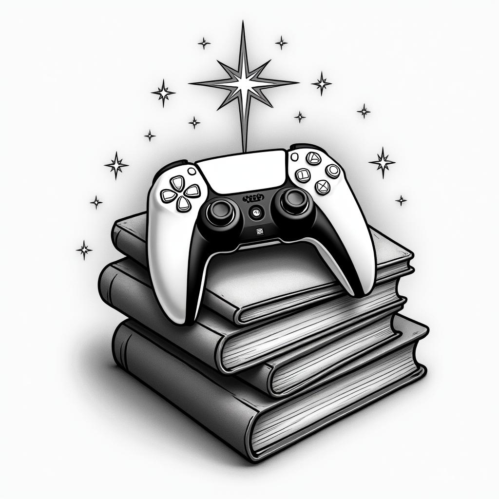 PS5 controller laying on top of a pile of books surrounded by magicin bohemian style tattoo, 8k