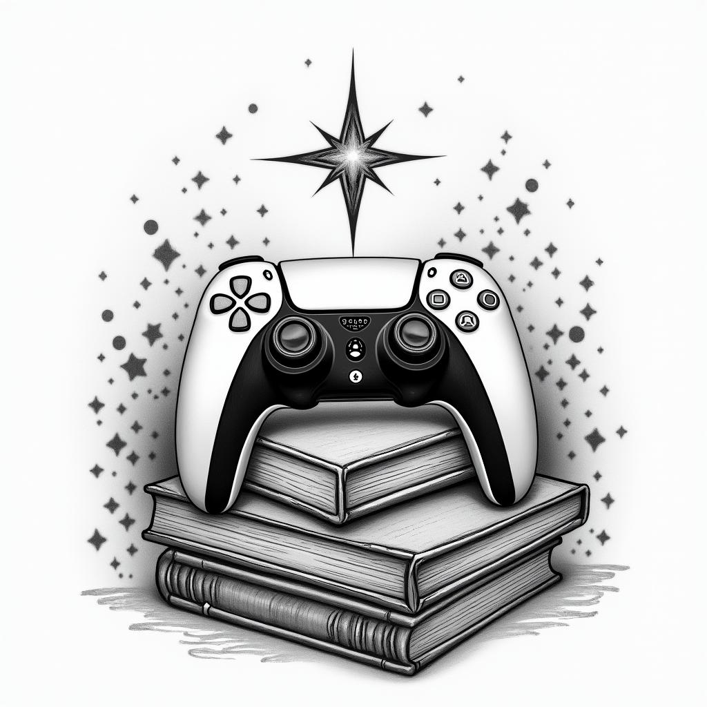 PS5 controller laying on top of a pile of books surrounded by magicin bohemian style tattoo, 8k - Variation 2