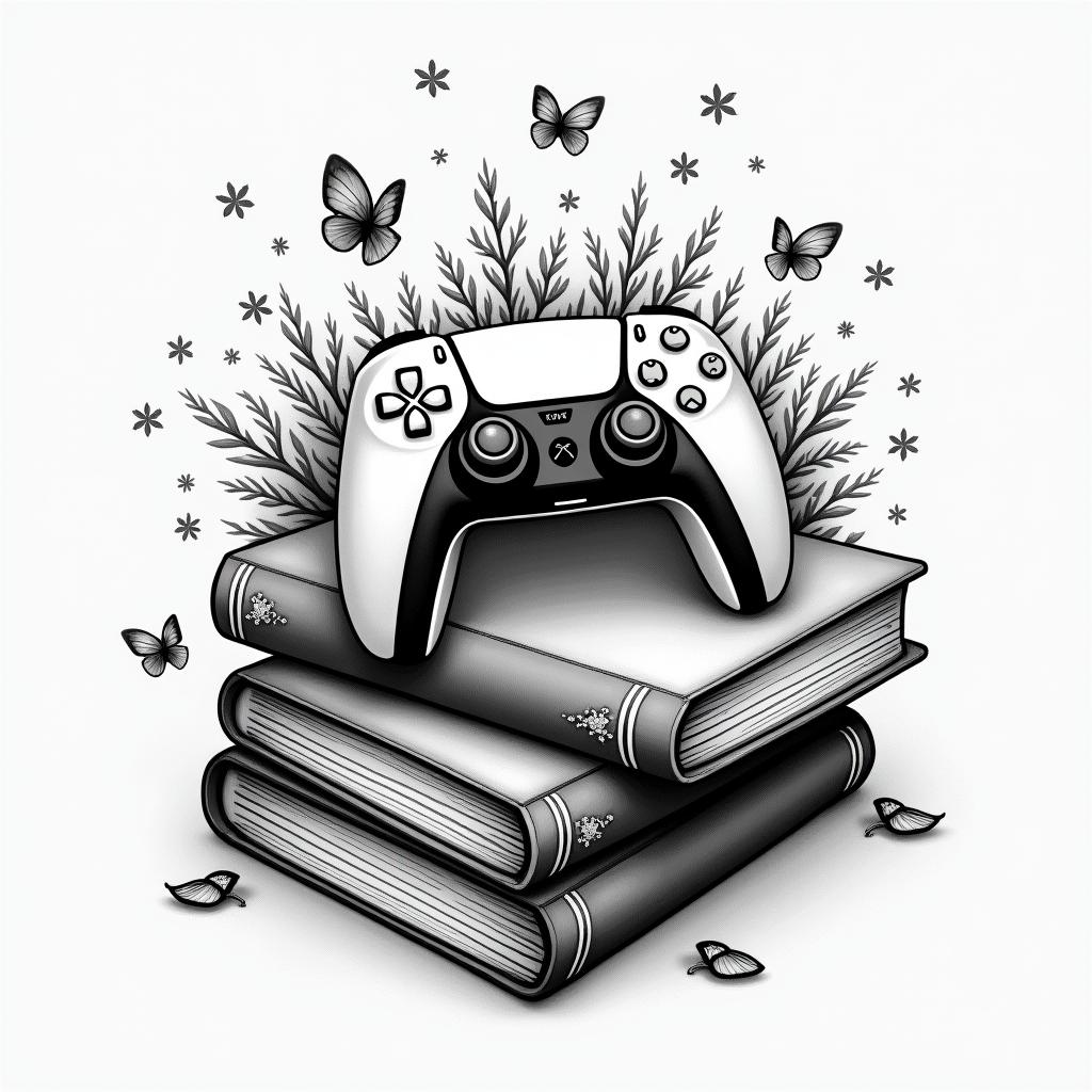 PS5 controller laying on top of a pile of books surrounded by magicin bohemian style tattoo, 8k - Variation 3