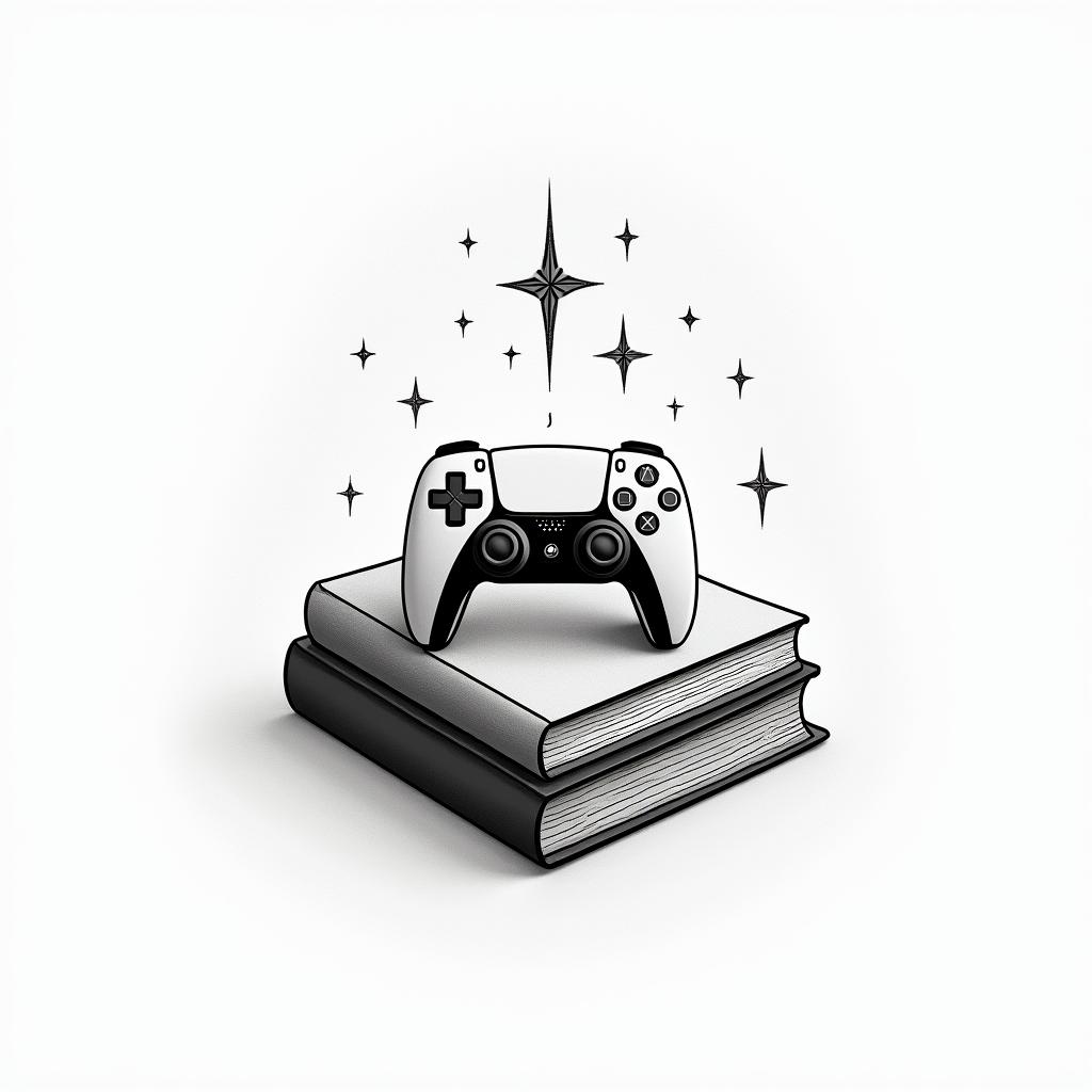 PS5 controller laying on top of a pile of books surrounded by magicin minimalist style tattoo, featuring simple shapes and fine lines, with minimal shading and details, tiny triangles, creating a sense of balance and harmony