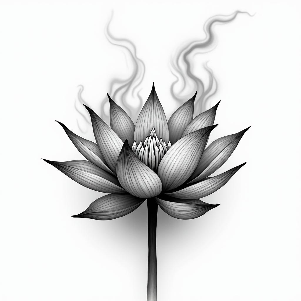A tattoo design featuring scattered lotus flower petals on fire, depicted in a monochromatic style, with wispy and abstract clouds surrounding them.higly detailed tattoo - Variation 2