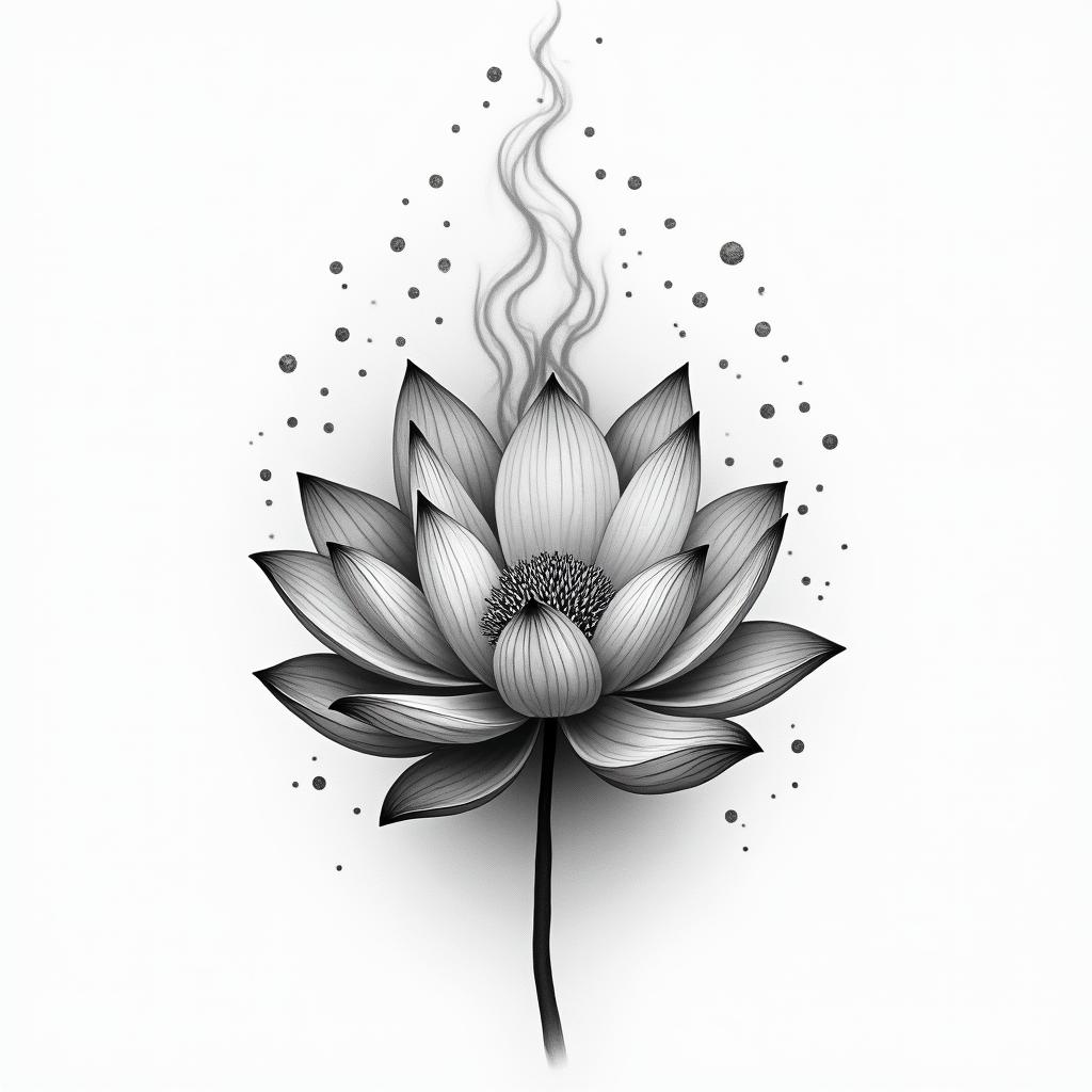 A tattoo design featuring scattered lotus flower petals on fire, depicted in a monochromatic style, with wispy and abstract clouds surrounding them.higly detailed tattoo - Variation 4