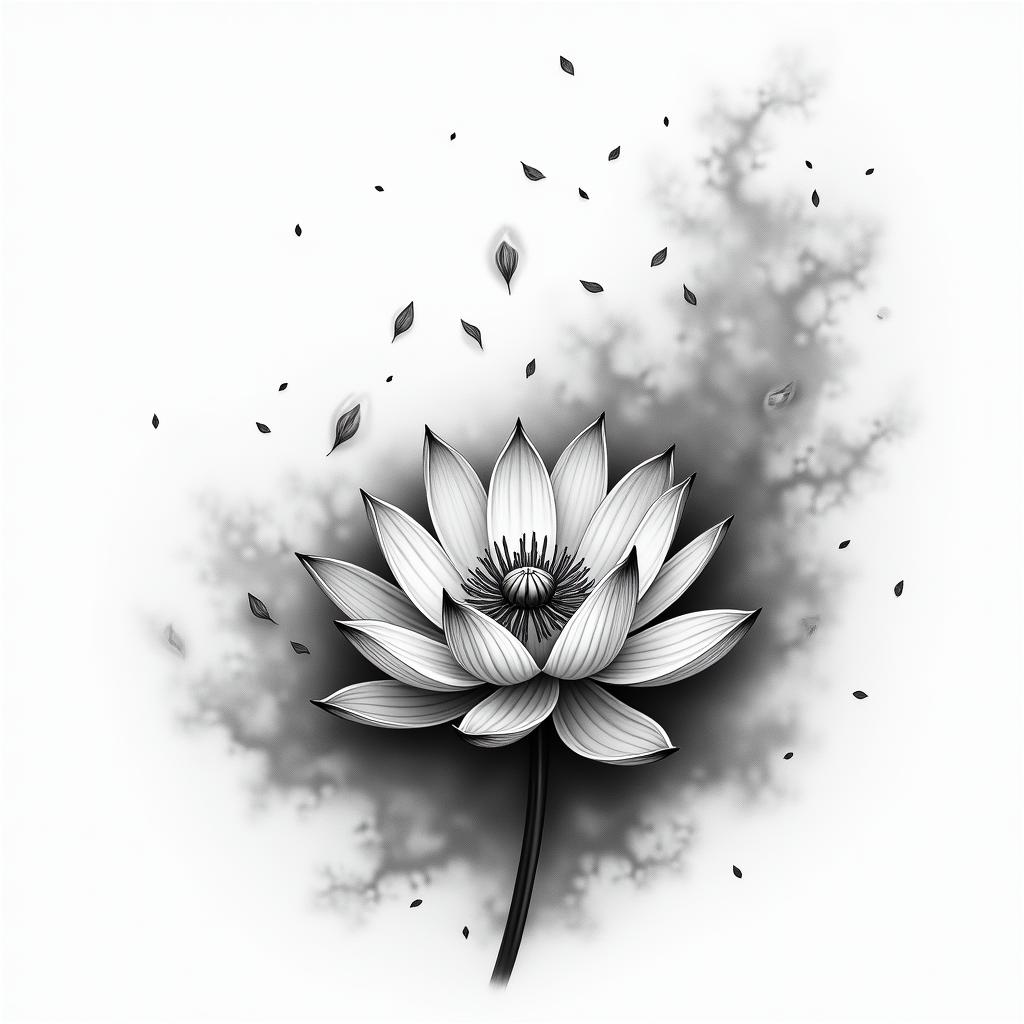 A tattoo design featuring scattered lotus flower petals on fire, depicted in a monochromatic style, with wispy and abstract clouds surrounding them.higly detailed tattoo - Variation 3