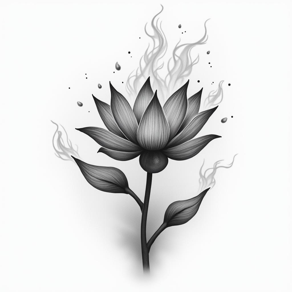 A tattoo design featuring scattered lotus flower petals on fire, depicted in a monochromatic style, with wispy and abstract clouds surrounding them.higly detailed tattoo