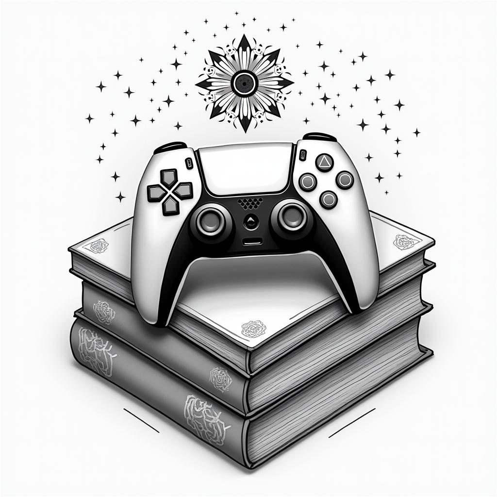 PS5 controller laying on top of a pile of books surrounded by magic in geometric style tattoo, blending hexagons, mandala-inspired patterns, symmetrical and fractal design, clean lines, sharp angles - Variation 3