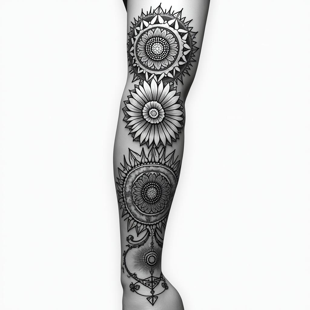 Metatrons cube, flower of life, and Mandela flower, twisting downward right armhigly detailed tattoo - Variation 3