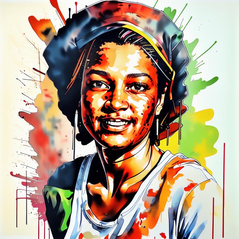  vibrant watercolor portrait with graffiti style face, fully white background, ,face with soft blending of warm and cool tones (orange, yellow, green),using shades of colors, contrast between light and shadow on the face, Bold color splashes and abstract drips in the background for a dynamic, artistic vibe, highly detailed tattoo, fully white background , dskinkpunkundefined - Variation 54
